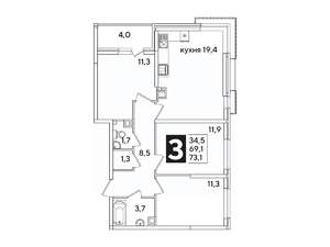 3-к квартира, вторичка, 73м2, 6/16 этаж