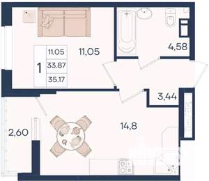 1-к квартира, вторичка, 35м2, 5/18 этаж