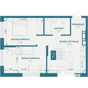 2-к квартира, вторичка, 53м2, 2/9 этаж