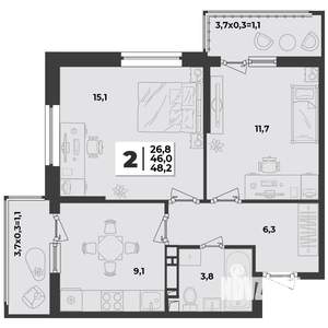 2-к квартира, строящийся дом, 48м2, 7/9 этаж