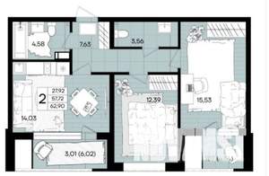 2-к квартира, вторичка, 59м2, 8/18 этаж