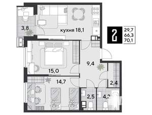 2-к квартира, строящийся дом, 70м2, 5/9 этаж