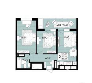 2-к квартира, вторичка, 57м2, 2/18 этаж