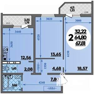 2-к квартира, вторичка, 68м2, 16/16 этаж
