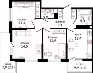 3-к квартира, вторичка, 70м2, 8/22 этаж