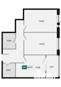 2-к квартира, вторичка, 59м2, 2/18 этаж