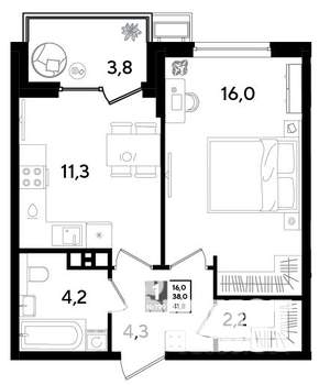 1-к квартира, строящийся дом, 42м2, 7/9 этаж