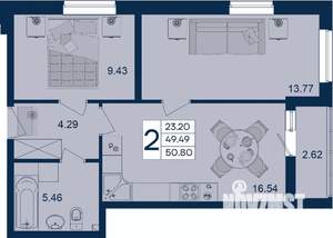2-к квартира, вторичка, 51м2, 2/18 этаж