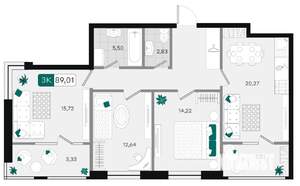 3-к квартира, вторичка, 89м2, 8/9 этаж