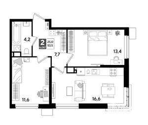 2-к квартира, строящийся дом, 54м2, 13/19 этаж
