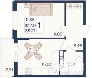 1-к квартира, вторичка, 33м2, 6/18 этаж