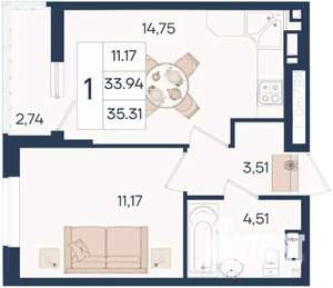 1-к квартира, вторичка, 35м2, 8/18 этаж