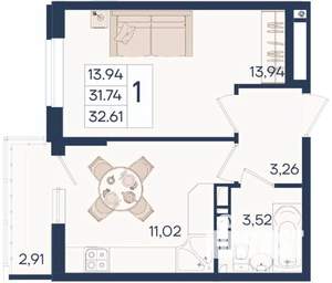 1-к квартира, вторичка, 33м2, 9/18 этаж