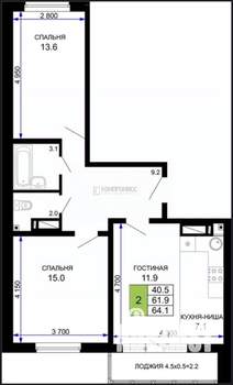 2-к квартира, вторичка, 65м2, 16/24 этаж