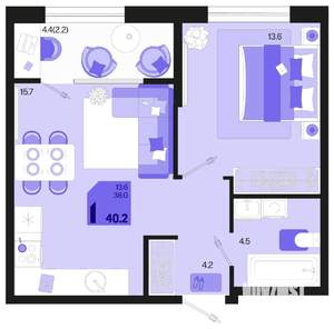 1-к квартира, строящийся дом, 38м2, 2/18 этаж