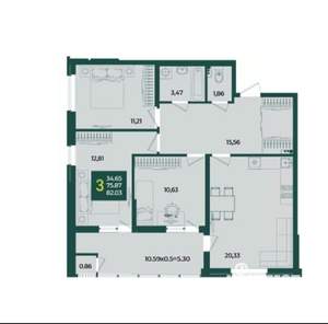 3-к квартира, вторичка, 82м2, 12/18 этаж