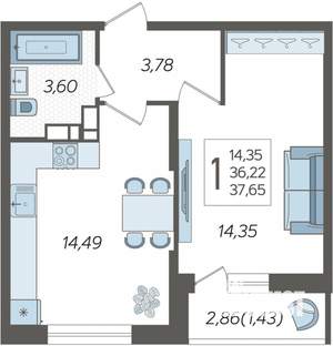 1-к квартира, вторичка, 38м2, 14/19 этаж