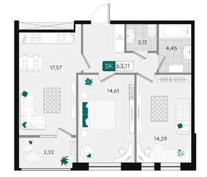 2-к квартира, вторичка, 63м2, 13/18 этаж