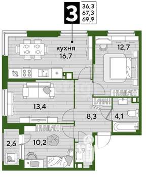 3-к квартира, вторичка, 70м2, 4/16 этаж