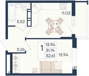 1-к квартира, вторичка, 33м2, 12/18 этаж