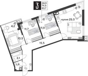 3-к квартира, строящийся дом, 84м2, 9/18 этаж