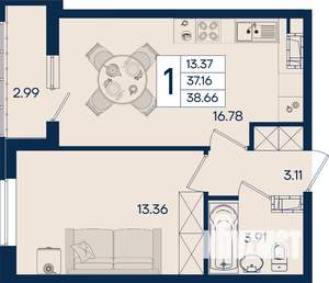 1-к квартира, вторичка, 39м2, 17/18 этаж