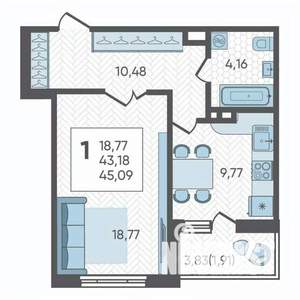 1-к квартира, вторичка, 45м2, 10/19 этаж