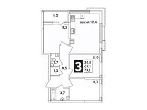 3-к квартира, вторичка, 73м2, 7/16 этаж