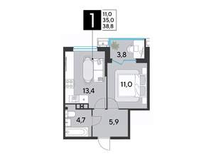 1-к квартира, строящийся дом, 39м2, 8/18 этаж