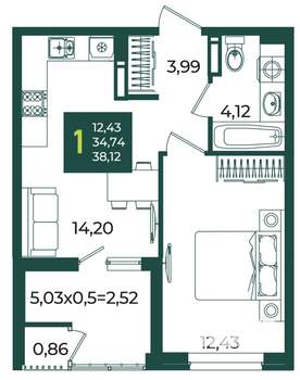 1-к квартира, вторичка, 38м2, 9/18 этаж