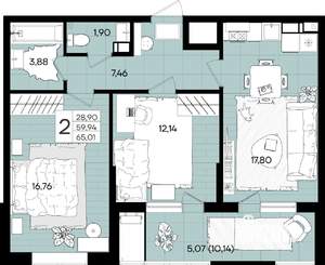 2-к квартира, вторичка, 65м2, 6/18 этаж