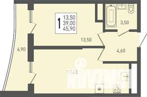 1-к квартира, строящийся дом, 46м2, 20/24 этаж