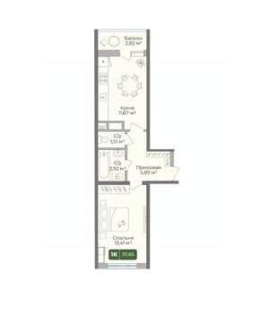 1-к квартира, вторичка, 38м2, 9/10 этаж