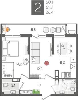 2-к квартира, строящийся дом, 60м2, 24/24 этаж