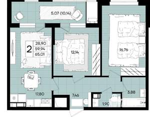 2-к квартира, вторичка, 65м2, 4/18 этаж