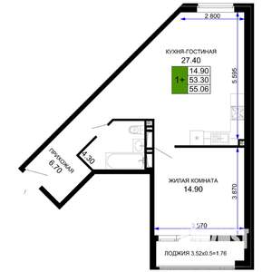 1-к квартира, строящийся дом, 55м2, 8/12 этаж