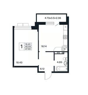 1-к квартира, вторичка, 48м2, 6/12 этаж