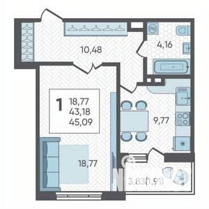 1-к квартира, вторичка, 45м2, 11/19 этаж