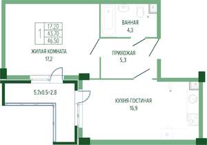 1-к квартира, вторичка, 48м2, 1/7 этаж