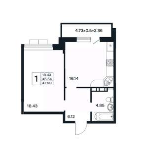 1-к квартира, вторичка, 48м2, 8/12 этаж