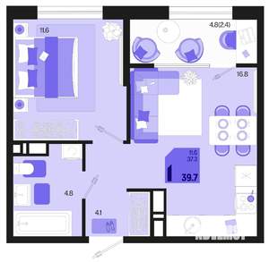 1-к квартира, строящийся дом, 40м2, 17/18 этаж