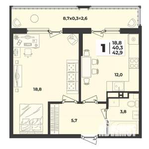 1-к квартира, строящийся дом, 43м2, 2/9 этаж