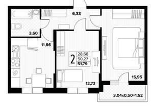 2-к квартира, вторичка, 52м2, 15/16 этаж