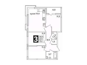 3-к квартира, вторичка, 73м2, 6/16 этаж