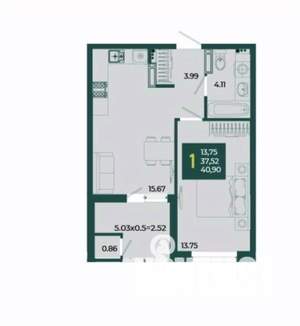 1-к квартира, вторичка, 41м2, 14/18 этаж