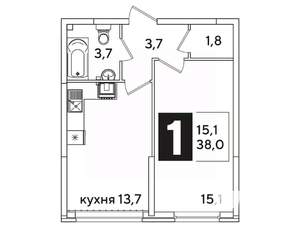 1-к квартира, вторичка, 38м2, 8/16 этаж