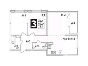 3-к квартира, вторичка, 73м2, 15/16 этаж