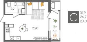 Студия квартира, вторичка, 32м2, 23/24 этаж