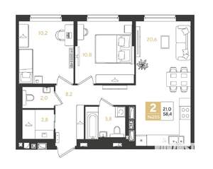 2-к квартира, вторичка, 58м2, 6/9 этаж