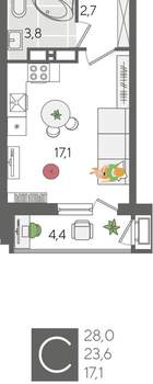 Студия квартира, вторичка, 28м2, 14/24 этаж